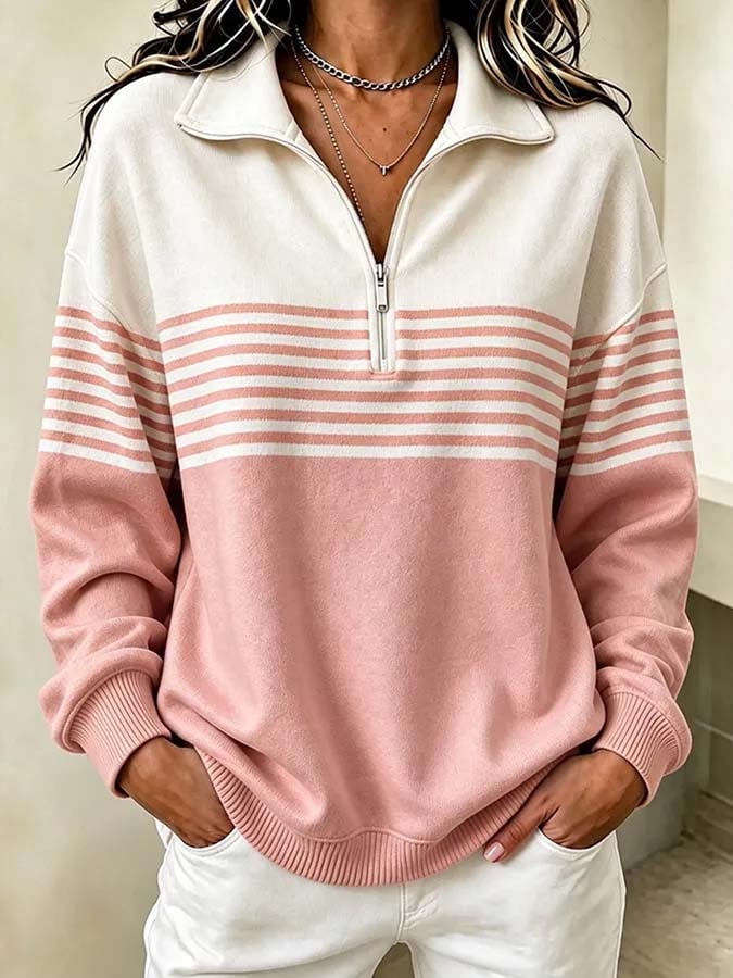 Vera | Striped Quarter Zip Collared Sweatshirt
