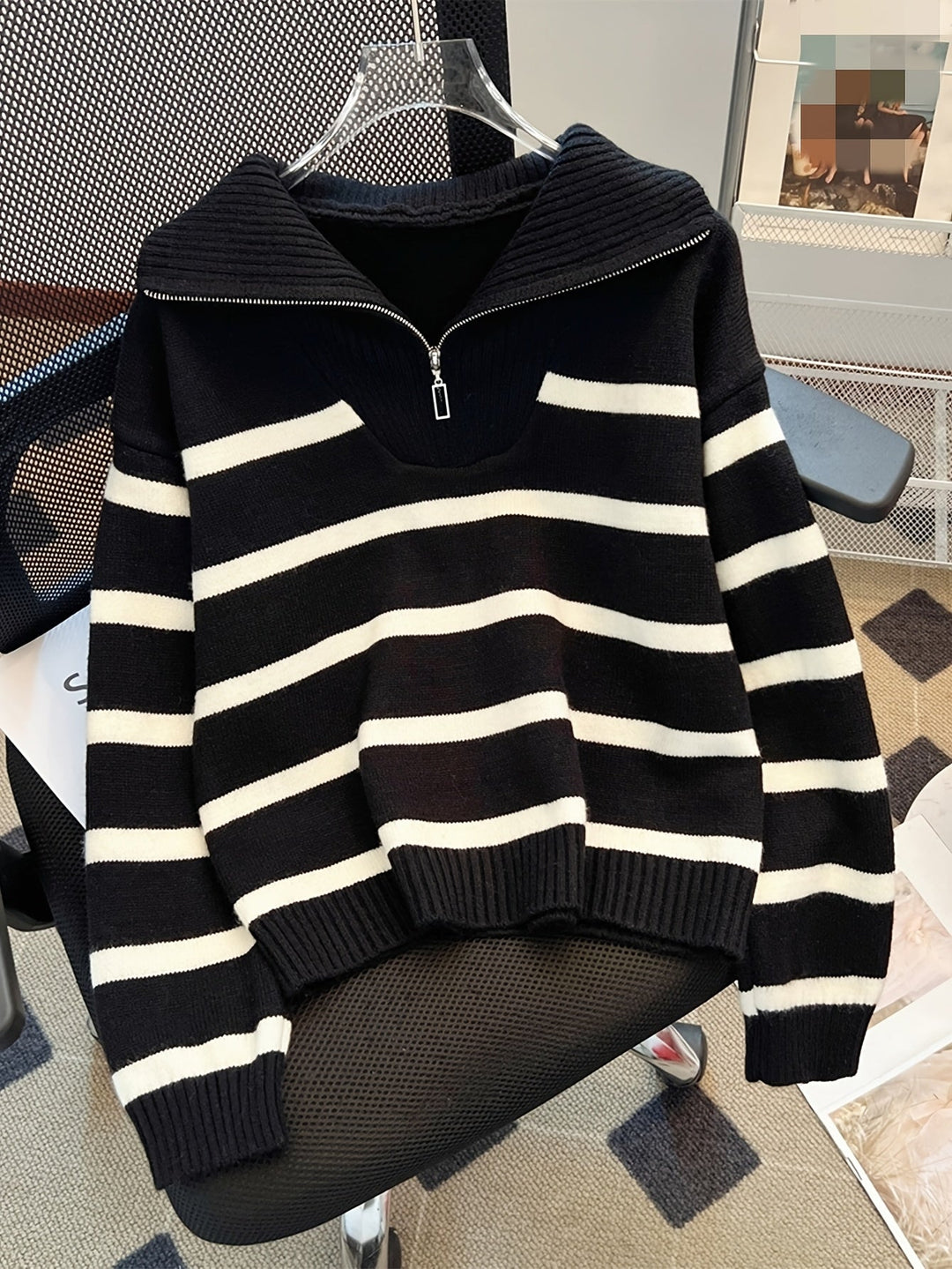 Drew | Quarter Zip Striped Relaxed Sweater with Collar
