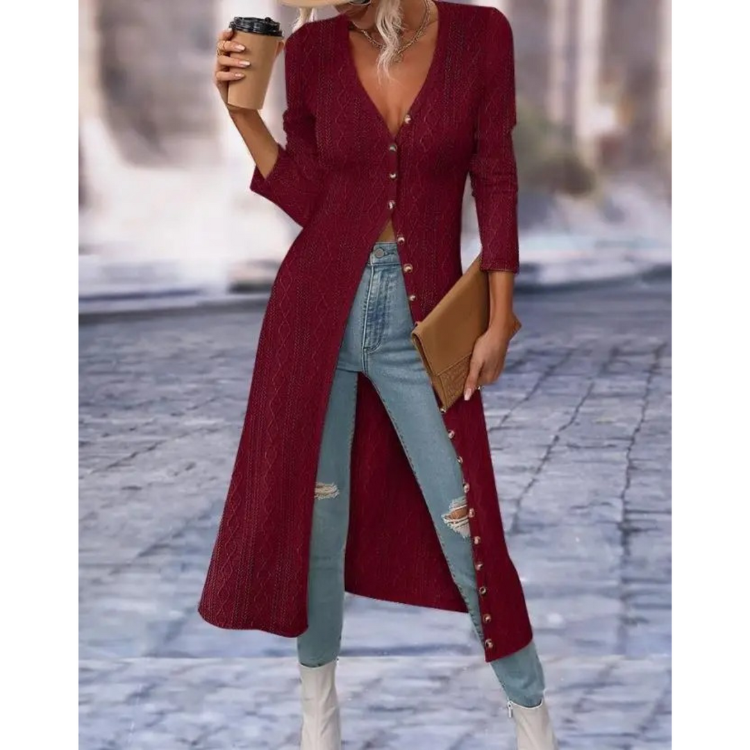 Lena | Ribbed Knit Button Front Maxi Cardigan