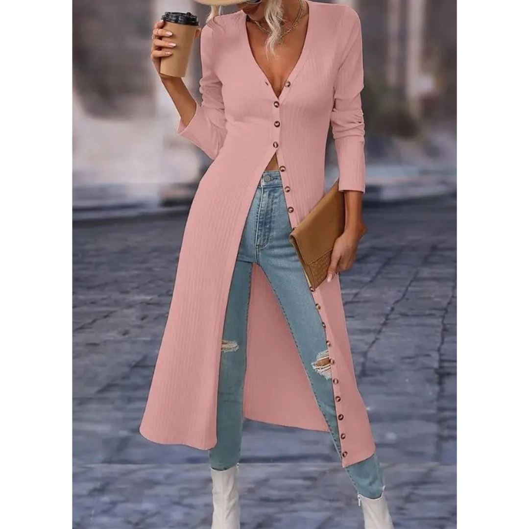 Lena | Ribbed Knit Button Front Maxi Cardigan