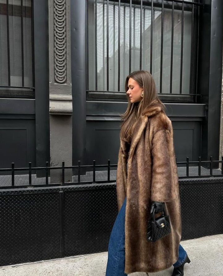 Womens long faux fur coat, view 3