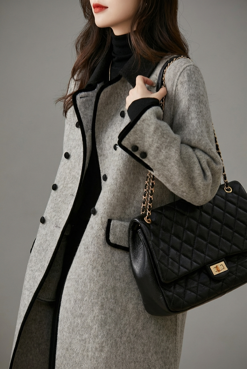 Womens double-breasted grey wool coat, view 4