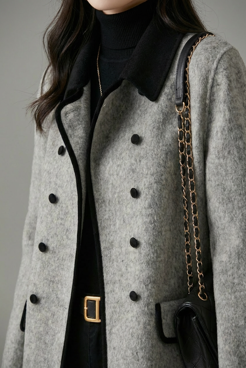 Womens double-breasted grey wool coat, view 3
