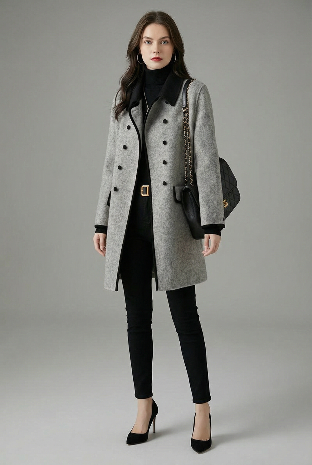 Womens double-breasted grey wool coat, view 2