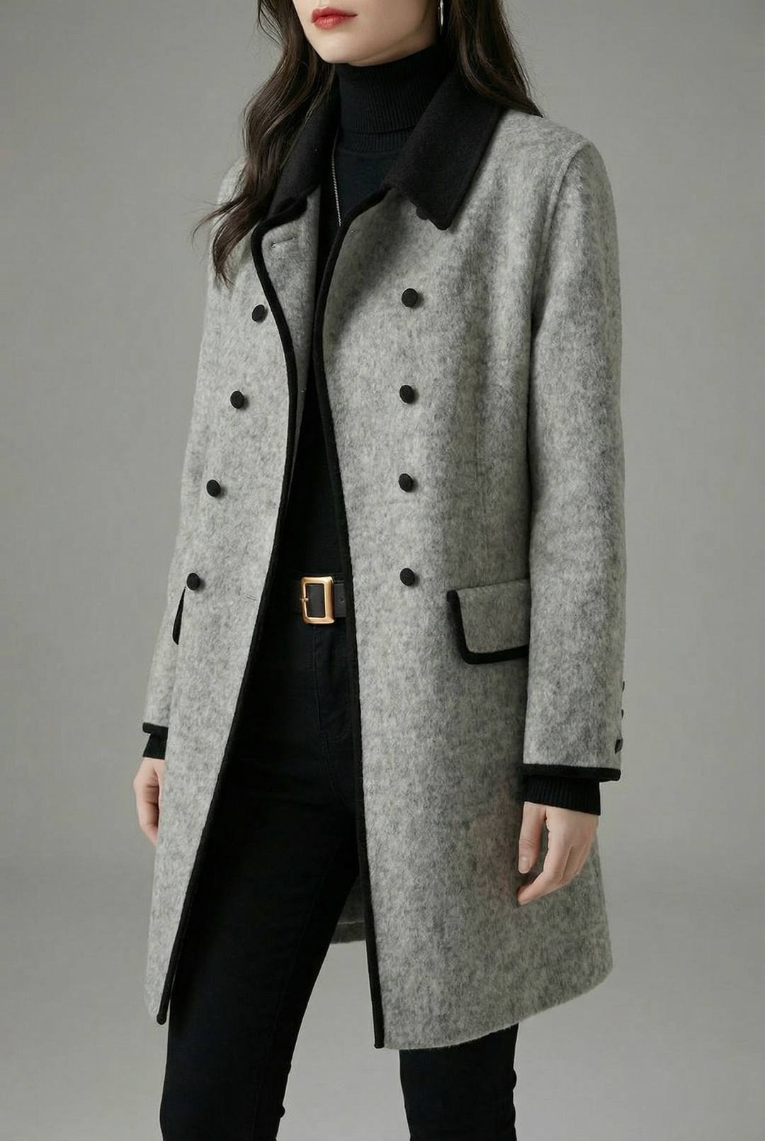 Womens double-breasted grey wool coat, view 1