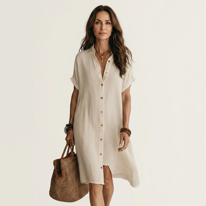 Womens short sleeve linen shirt dress, view 1