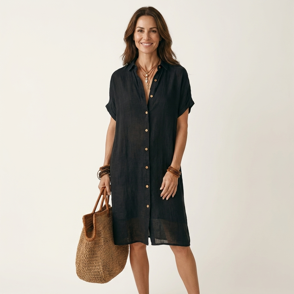 Womens short sleeve linen shirt dress, view 2