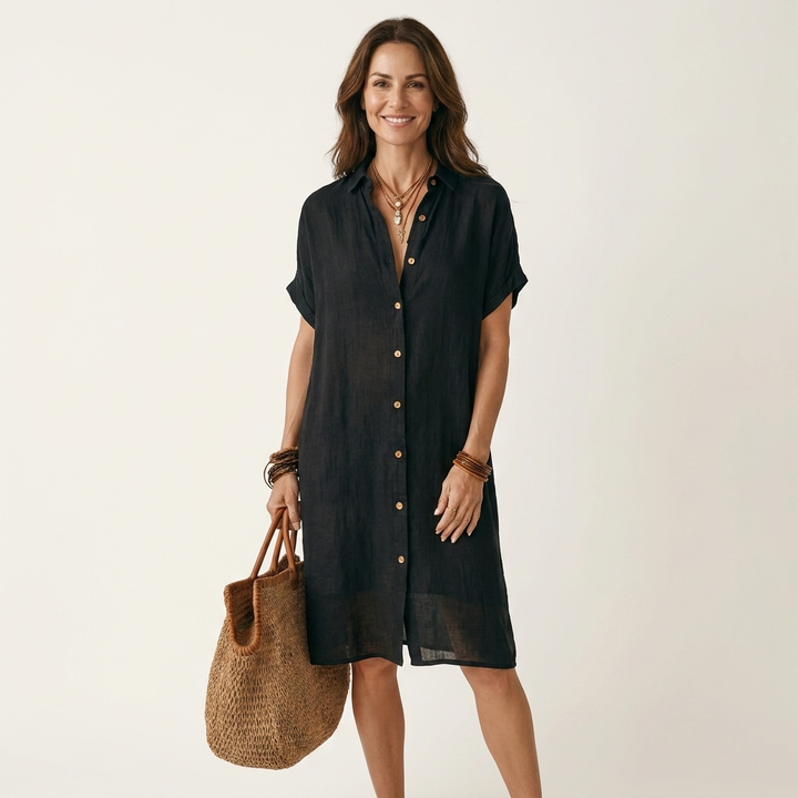 Womens short sleeve linen shirt dress, view 2