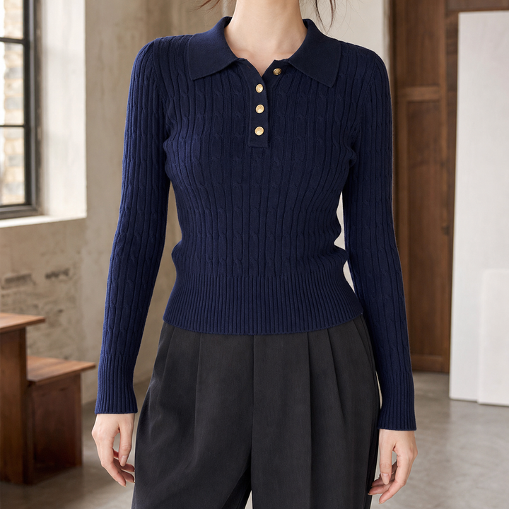 Addison | Navy Cable Knit Polo Sweater