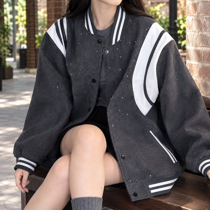 Mara | Oversized Gray Varsity Jacket Sparkle Embellishments