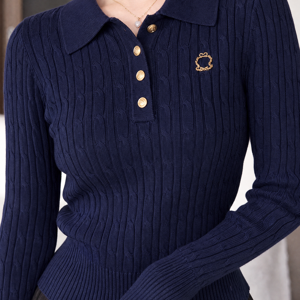 Addison | Navy Cable Knit Polo Sweater