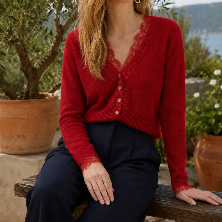 Shelby | Womens V-Neck Wool Cardigan with Lace Trim