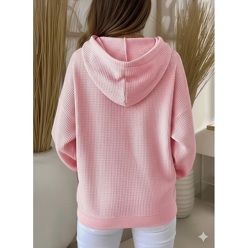 Womens oversized waffle knit hoodie kangaroo pocket, view 8