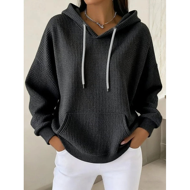 Womens oversized waffle knit hoodie kangaroo pocket, view 6