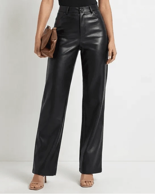 Womens high waist wide leg faux leather pants, view 3