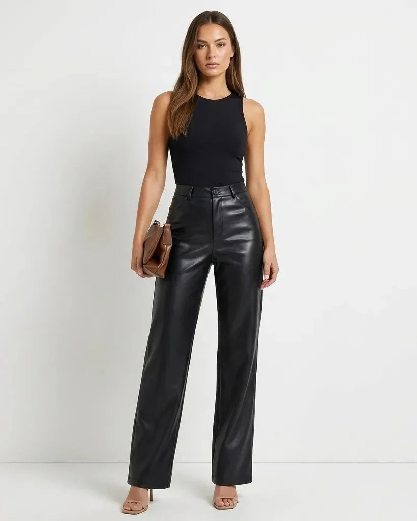 Womens high waist wide leg faux leather pants, view 1