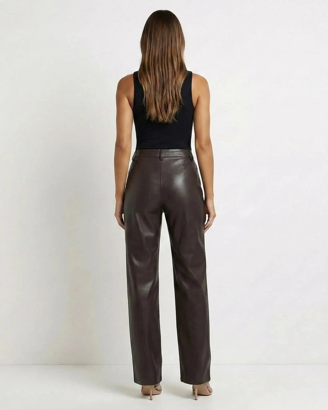 Womens high waist wide leg faux leather pants, view 4