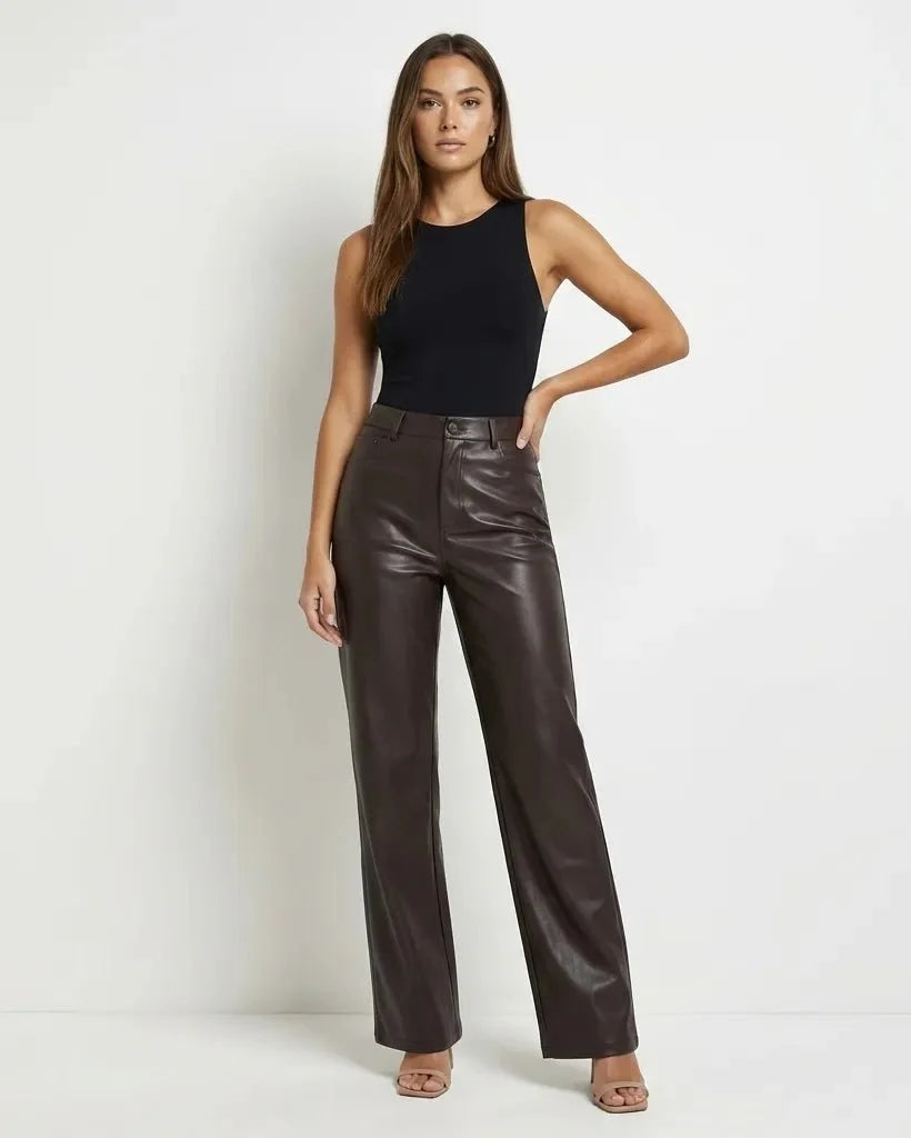 Womens high waist wide leg faux leather pants, view 2