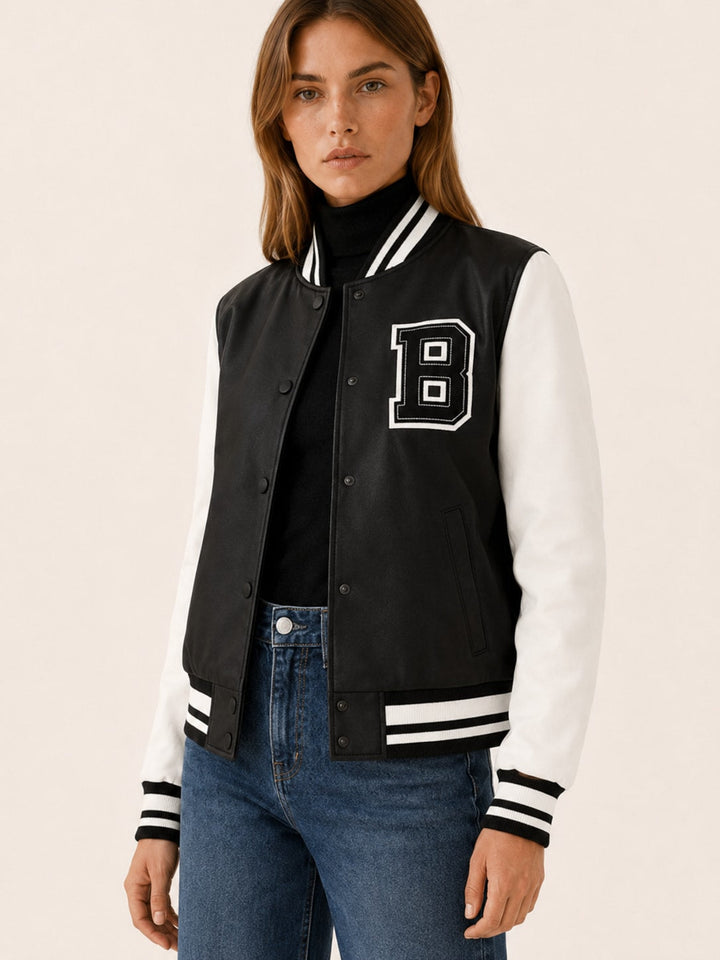Annika | Womens Varsity Jacket Contrast Sleeves Button Front