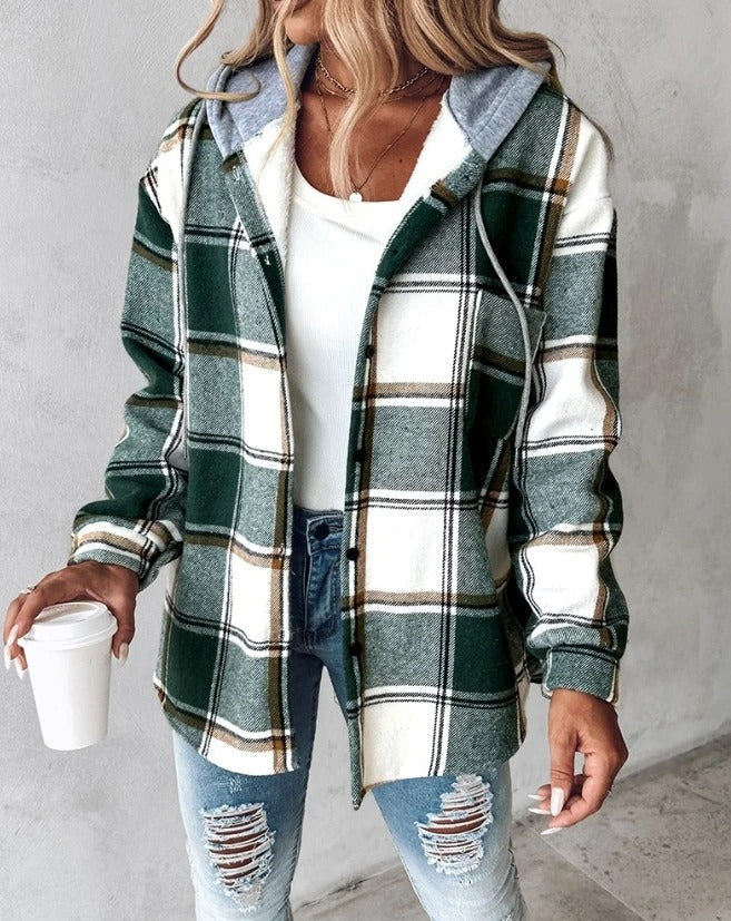 Womens hooded plaid flannel shacket, view 1