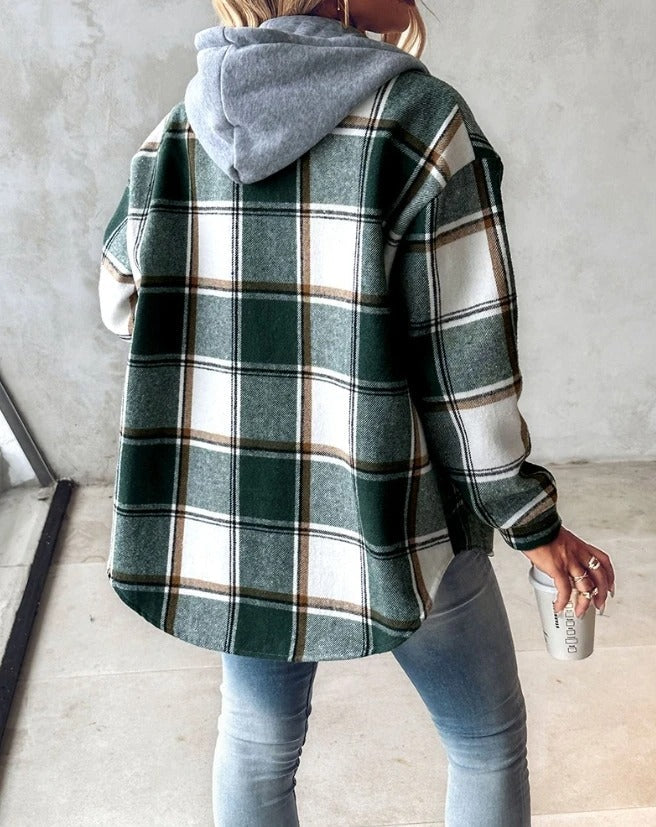 Womens hooded plaid flannel shacket, view 2