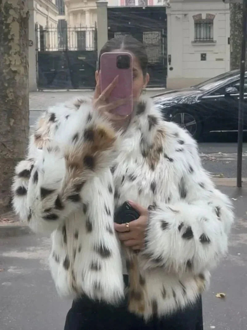 Womens faux fur animal print coat, view 9