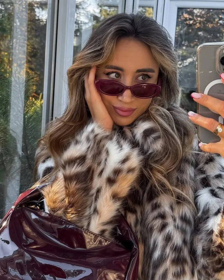Womens faux fur animal print coat, view 5