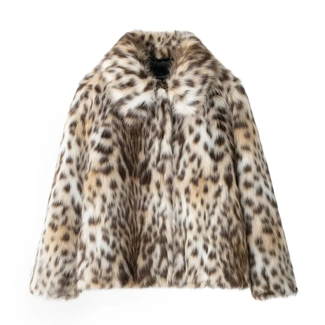Womens faux fur animal print coat, view 1