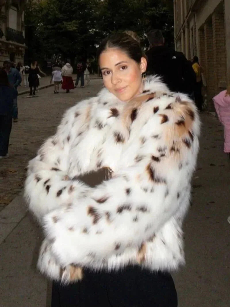 Womens faux fur animal print coat, view 10