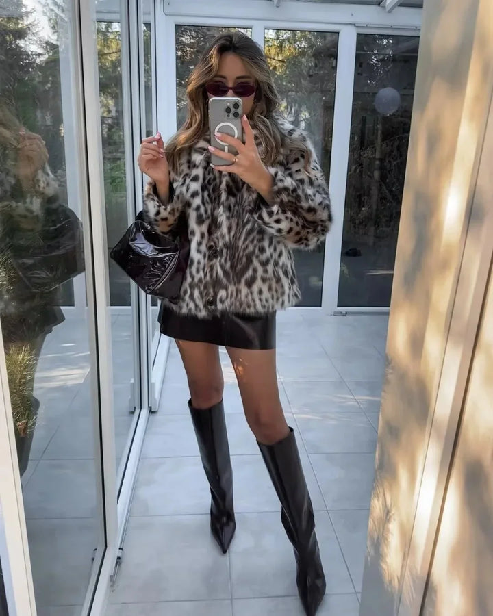 Womens faux fur animal print coat, view 4