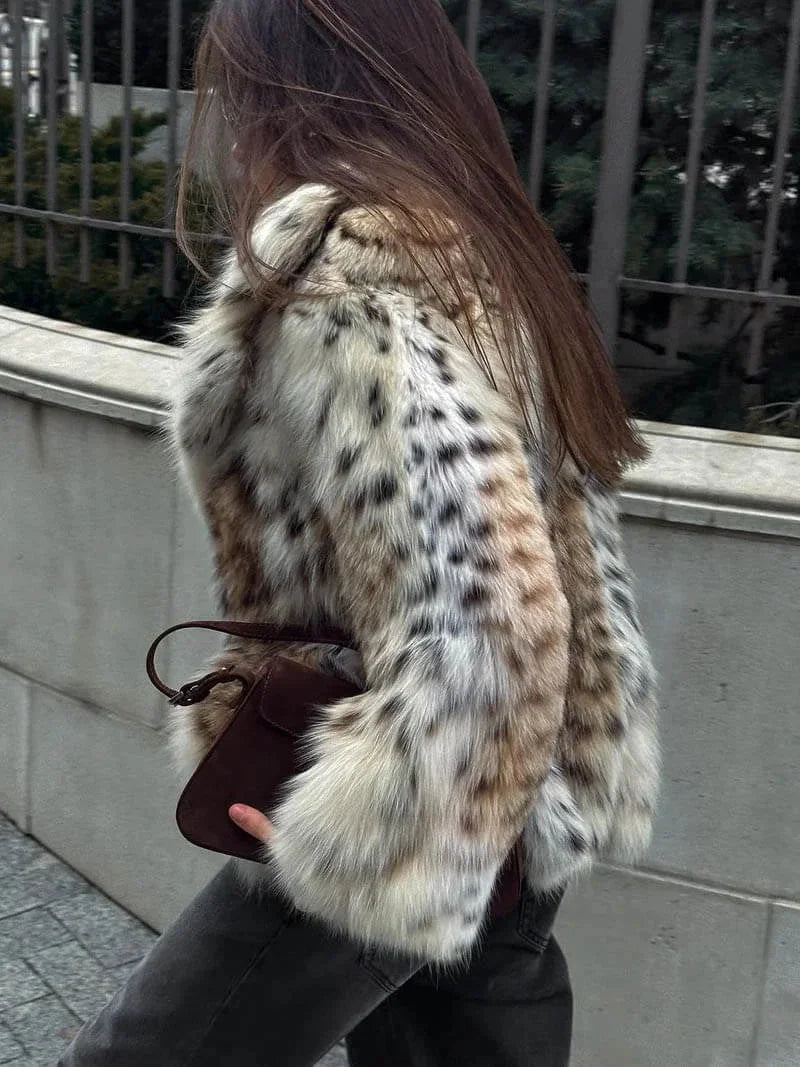 Womens faux fur animal print coat, view 6