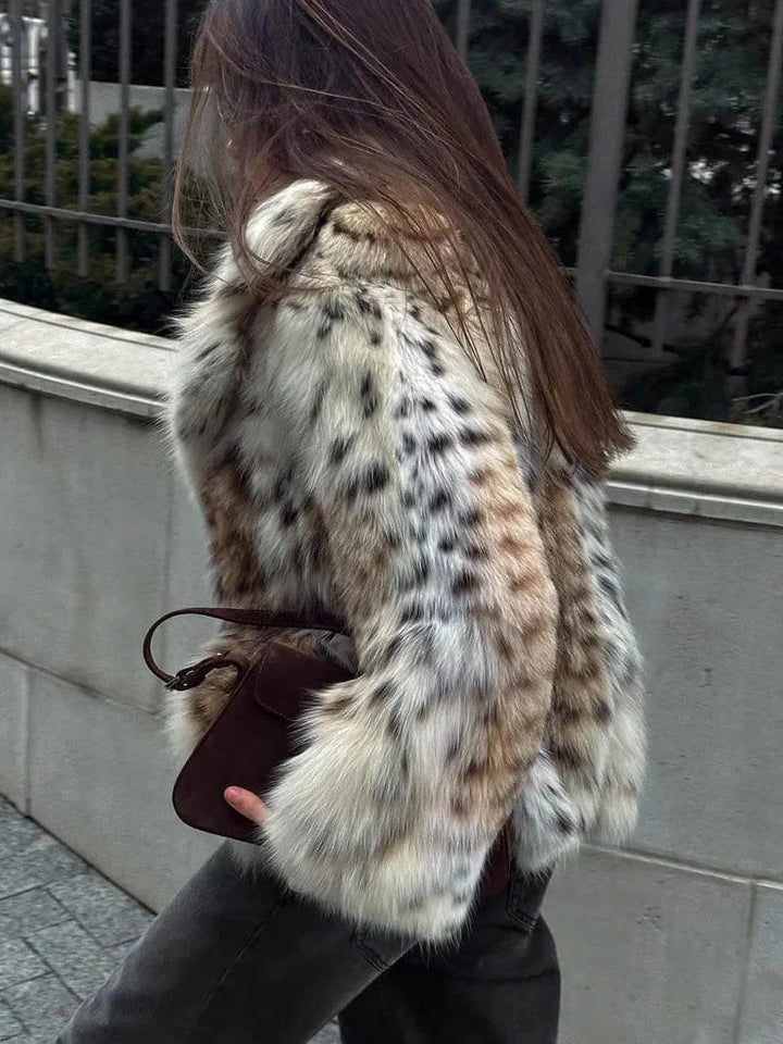 Womens faux fur animal print coat, view 6