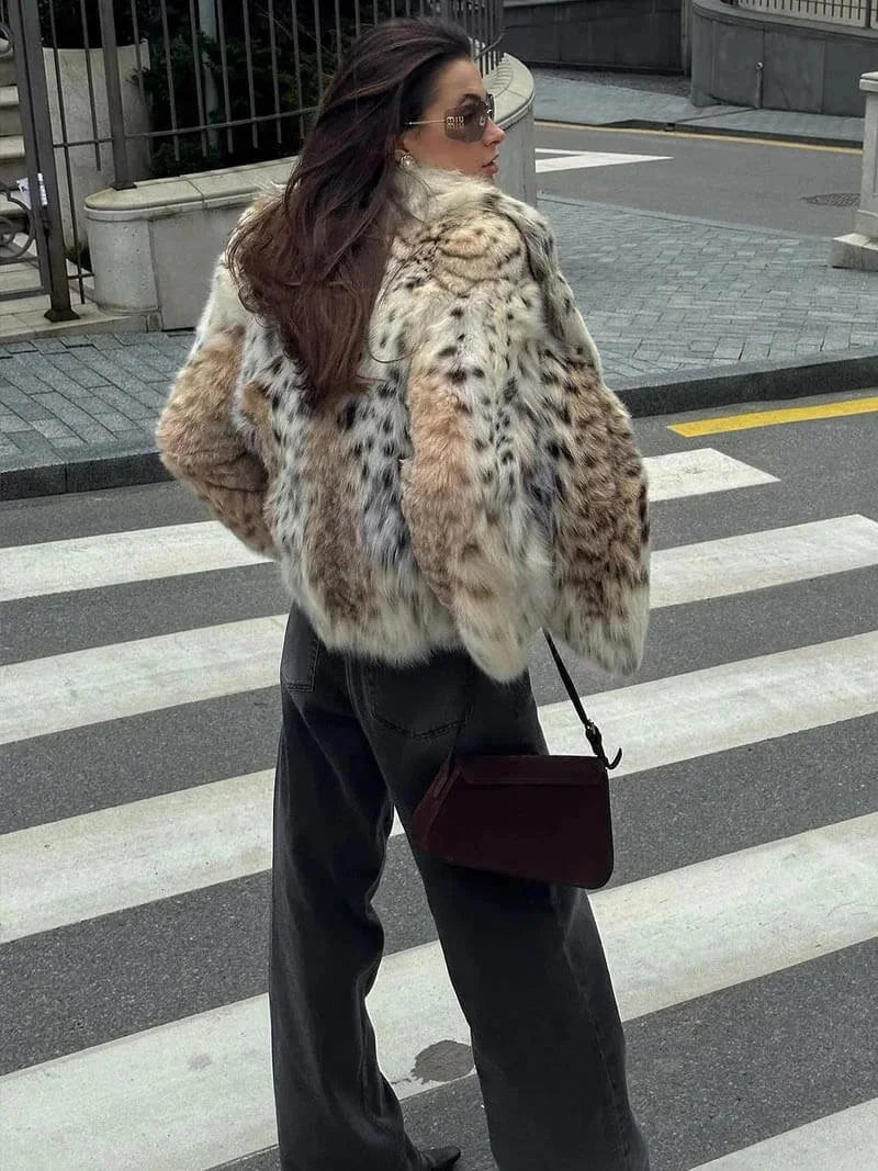 Womens faux fur animal print coat, view 8