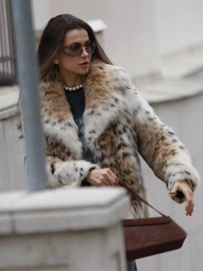 Womens faux fur animal print coat, view 7