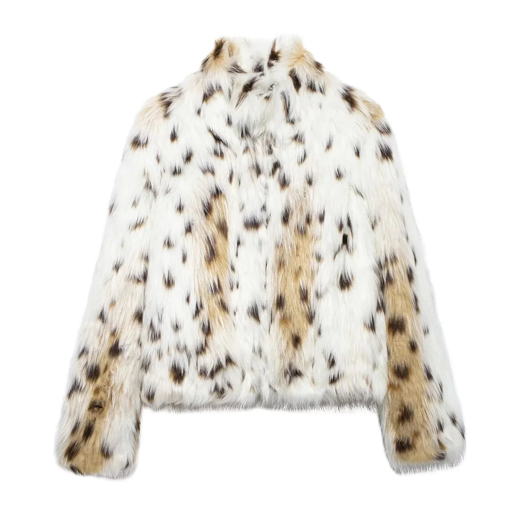 Womens faux fur animal print coat, view 2