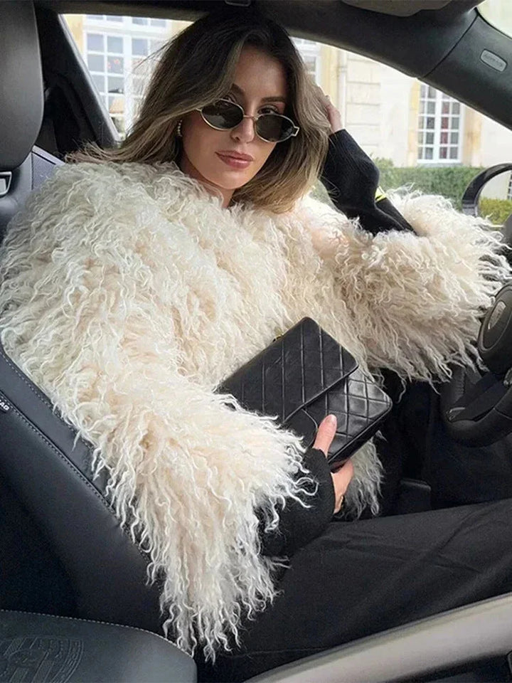 Womens shaggy faux fur cropped jacket, view 4
