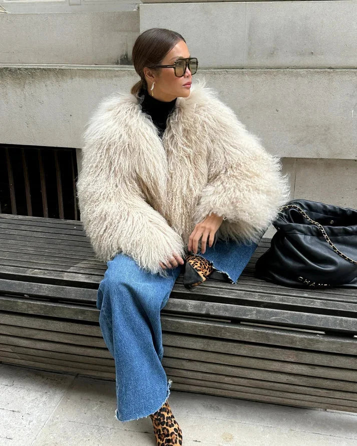 Womens shaggy faux fur cropped jacket, view 2