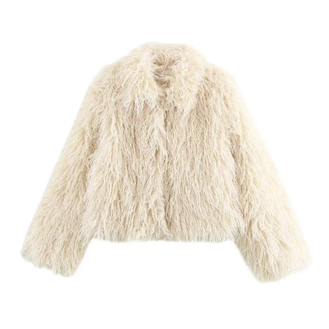 Womens shaggy faux fur cropped jacket, view 1