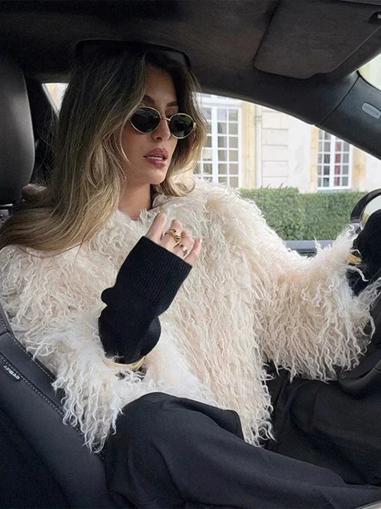 Womens shaggy faux fur cropped jacket, view 5