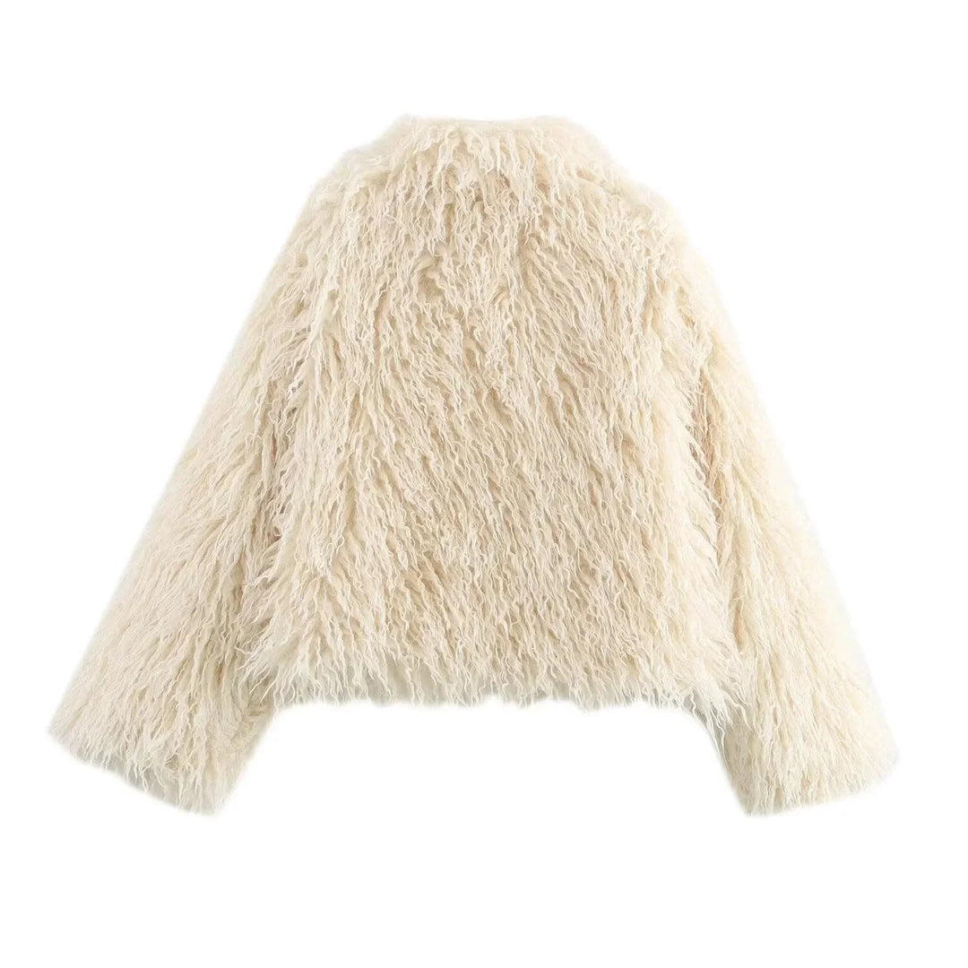 Womens shaggy faux fur cropped jacket, view 6
