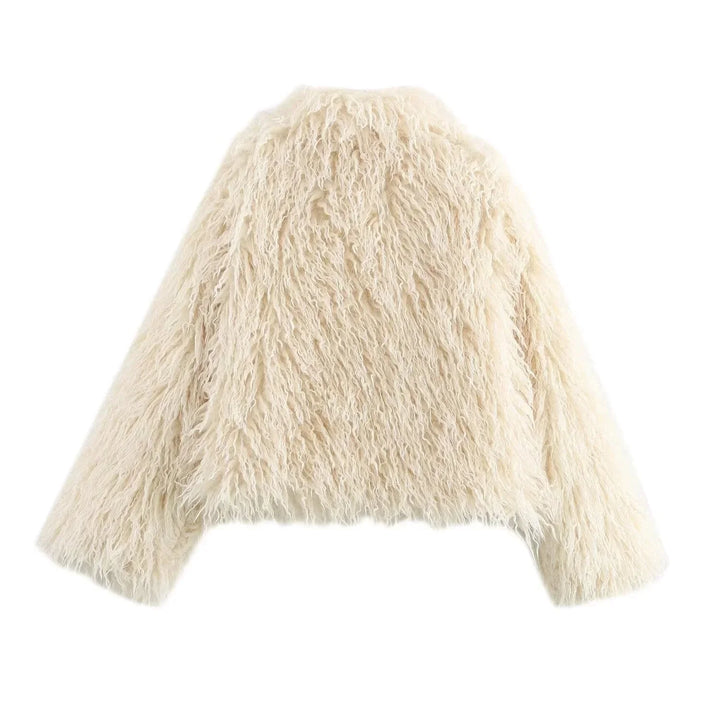 Womens shaggy faux fur cropped jacket, view 6