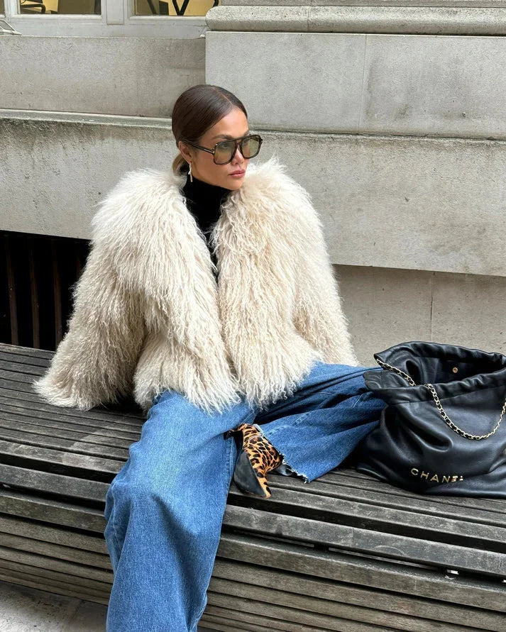 Womens shaggy faux fur cropped jacket, view 3