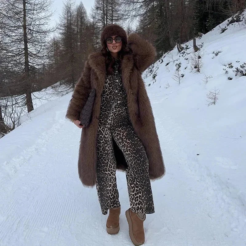 Womens long faux fur coat, view 5