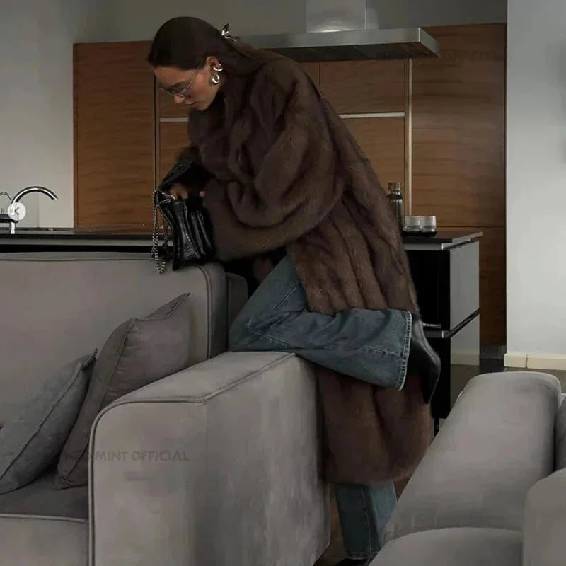Womens long faux fur coat, view 3