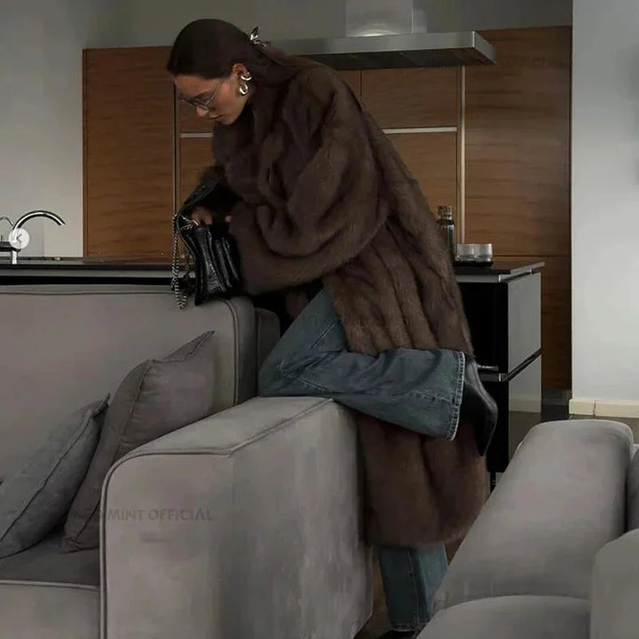 Womens long faux fur coat, view 3