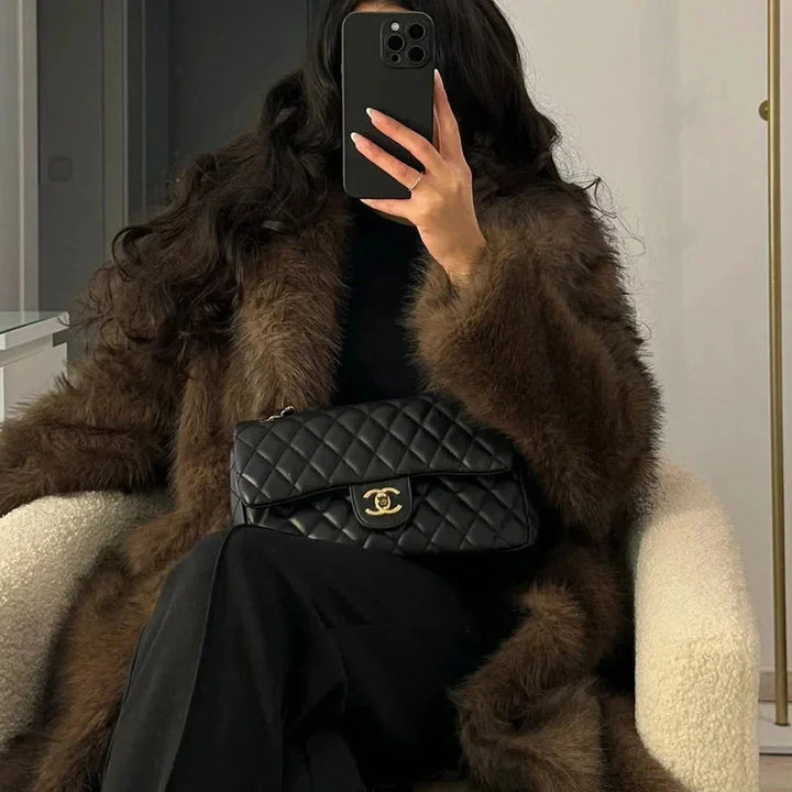 Womens long faux fur coat, view 4