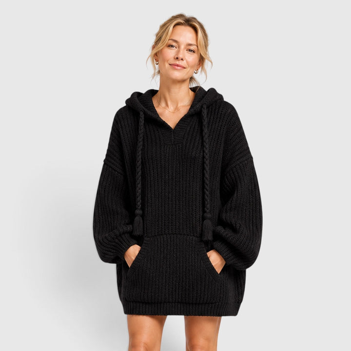 Willow | Black Oversized Chunky Knit Mini Womens Hoodies
