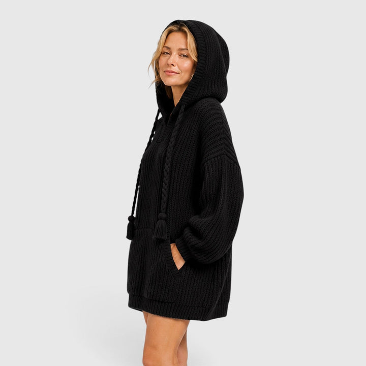 Willow | Black Oversized Chunky Knit Mini Womens Hoodies