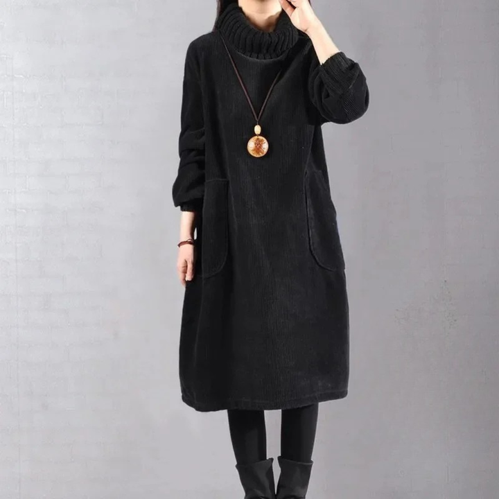 Womens turtleneck corduroy sweater dress midi, view 3