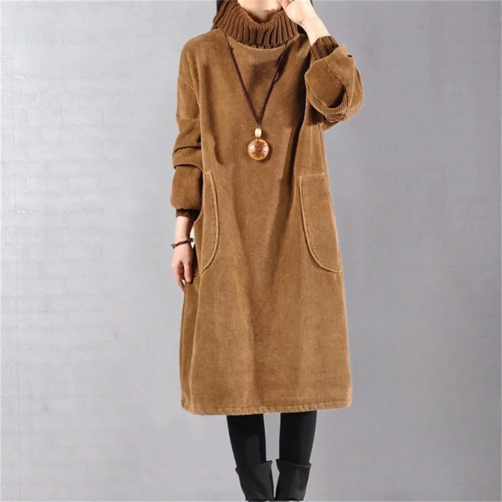 Womens turtleneck corduroy sweater dress midi, view 2